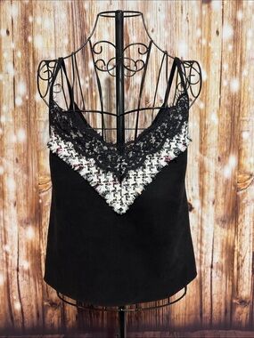 Zara Black Lace-Trim Tweed V-Neck Camisole
